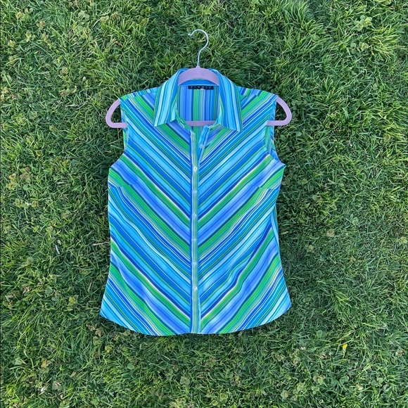 Y2K vintage blue collared striped sleeveless top - Picture 2 of 7